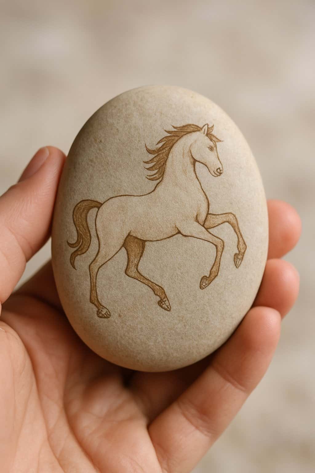 A hand holding a smooth river rock painted with a prancing horse with glittery hooves.