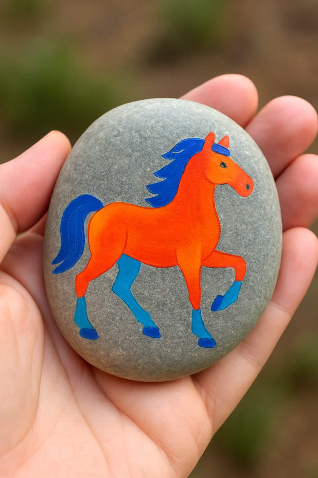 A hand holding a smooth river rock painted with a colorful horse design.
