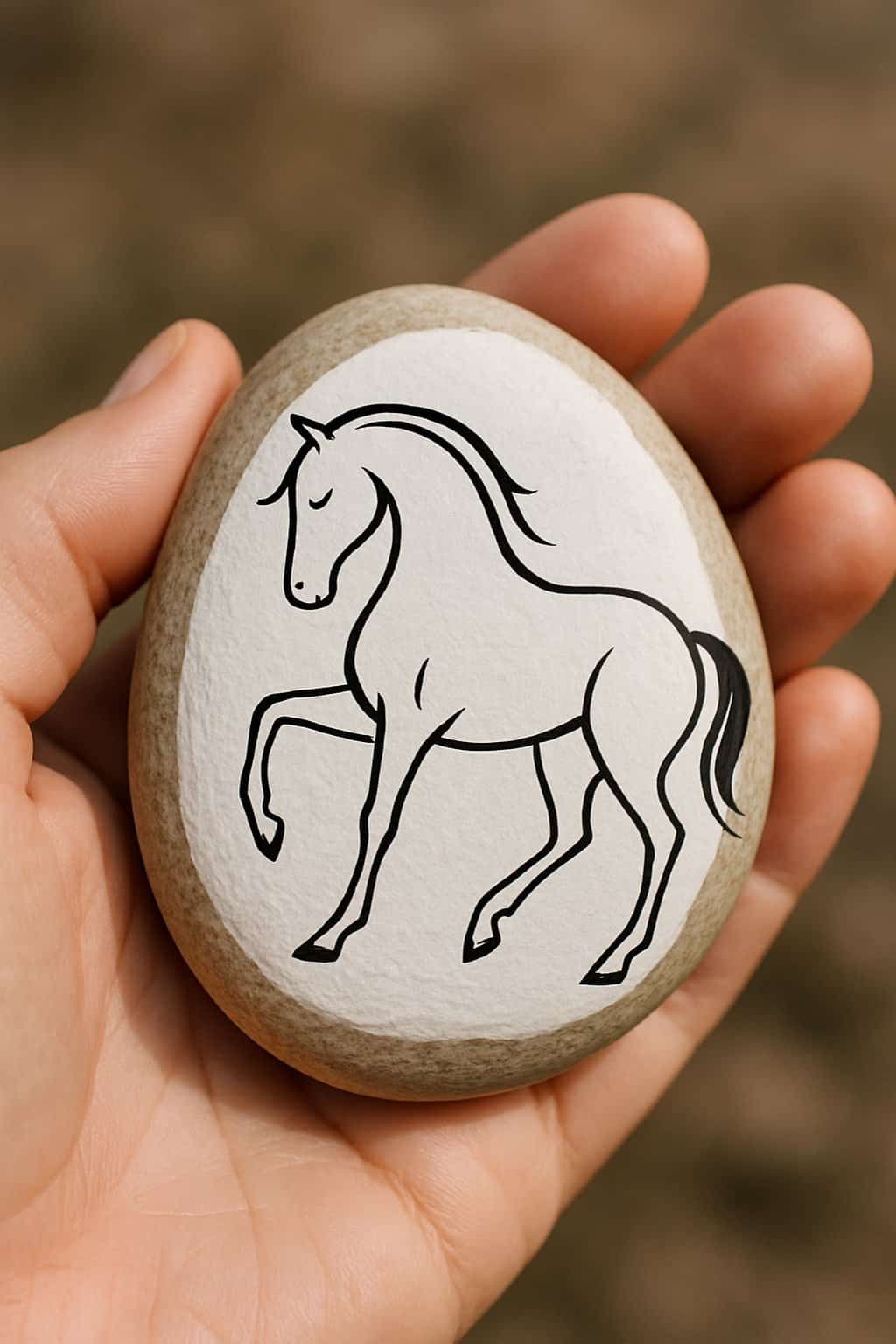 A hand holding a smooth river rock painted with a simple line drawing of a horse.