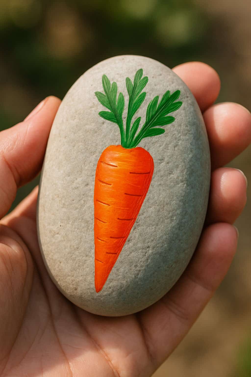 A hand holding a smooth river rock painted with a bright orange carrot and green leaves.