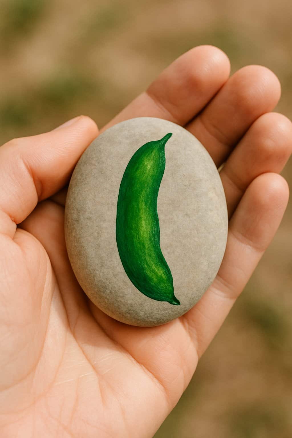 A hand holding a smooth river rock painted with a green bean design.