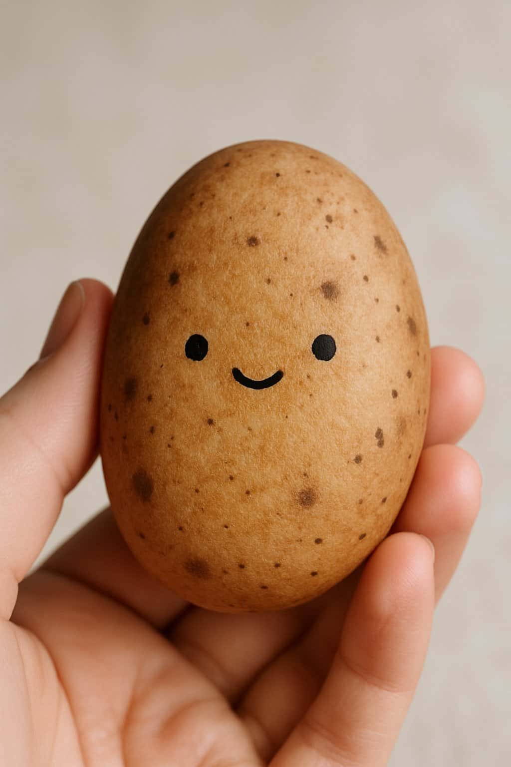 A hand holding a smooth river rock painted to look like a brown speckled potato.