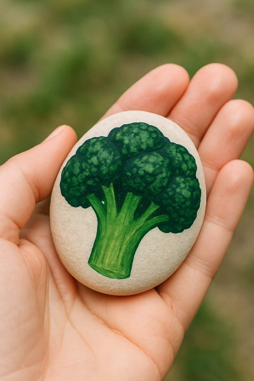 A hand holding a smooth river rock painted to look like a broccoli head.
