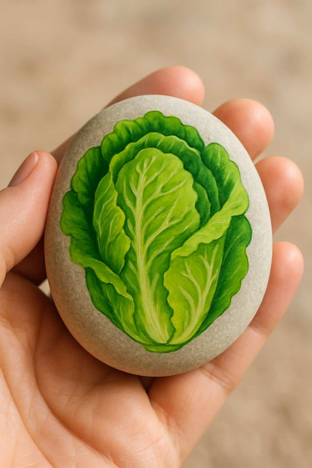 Hand holding a smooth river rock painted with green lettuce leaves design.