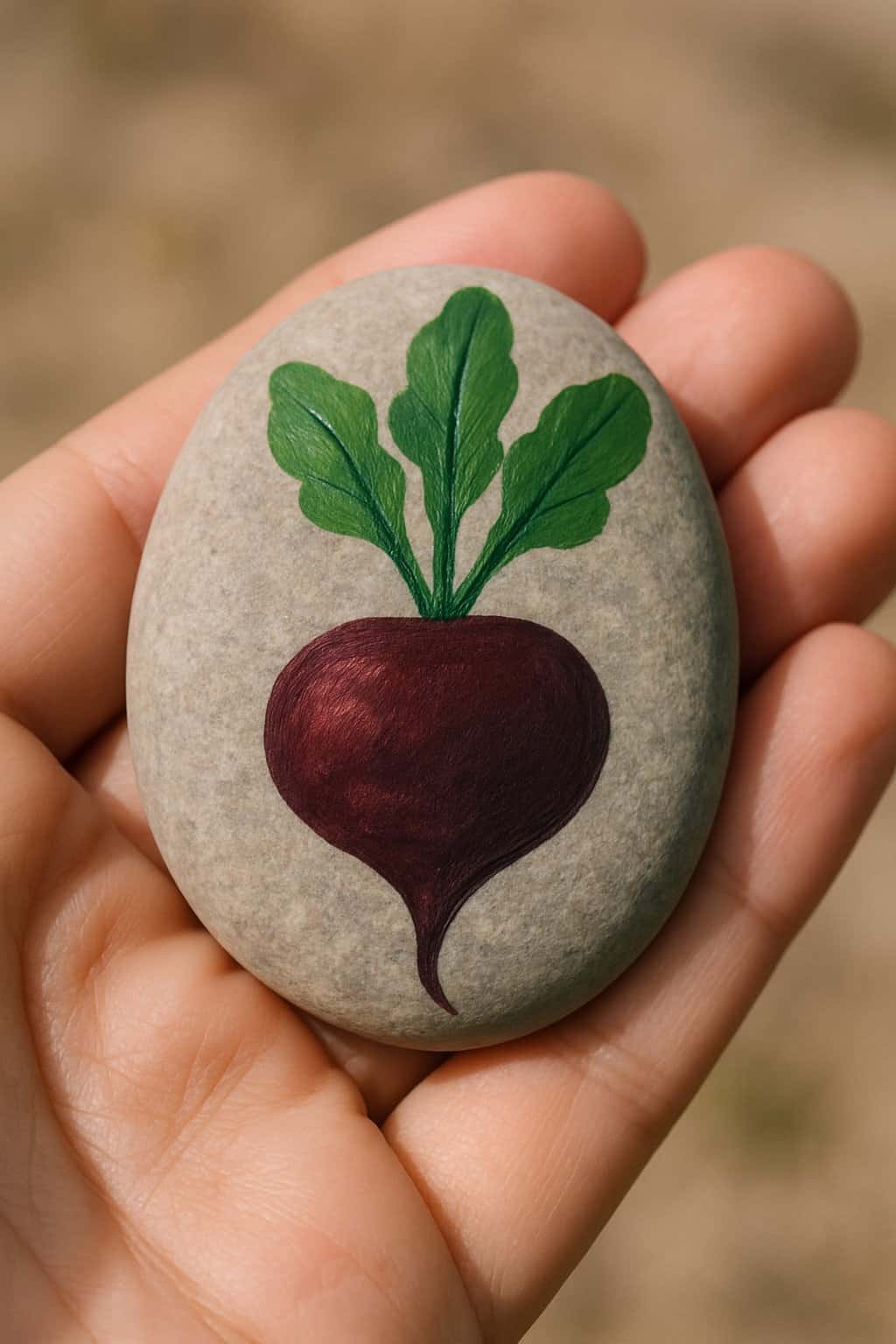 A hand holding a smooth river rock painted with a beet design.