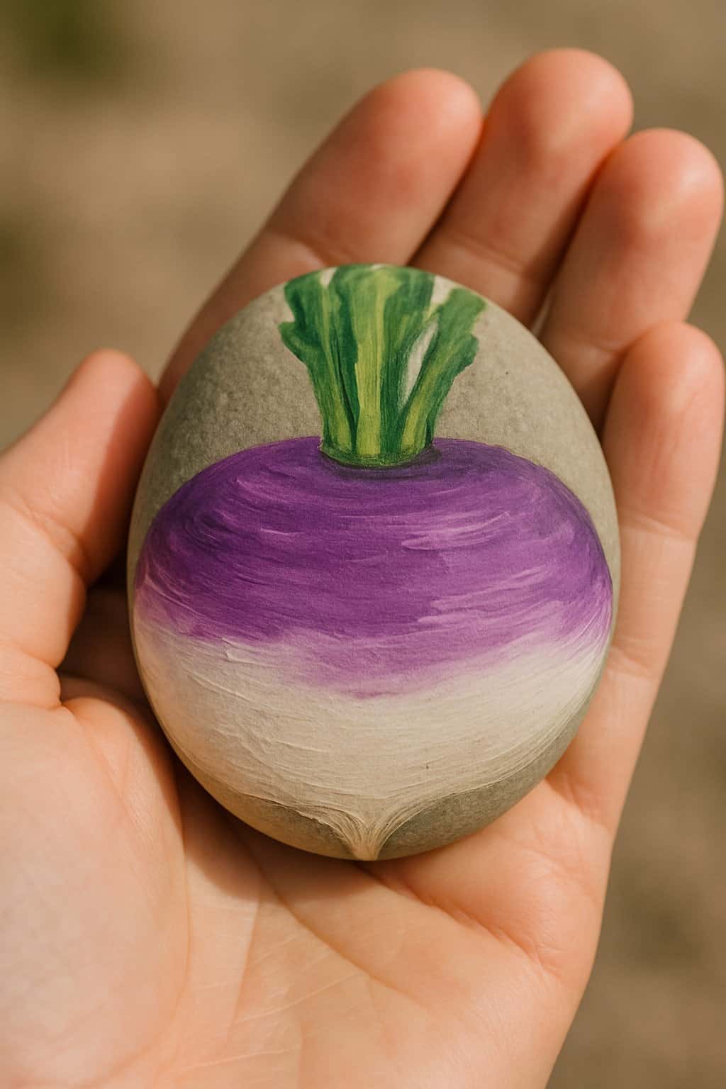 A hand holding a smooth river rock painted to look like a turnip with white and purple colors.