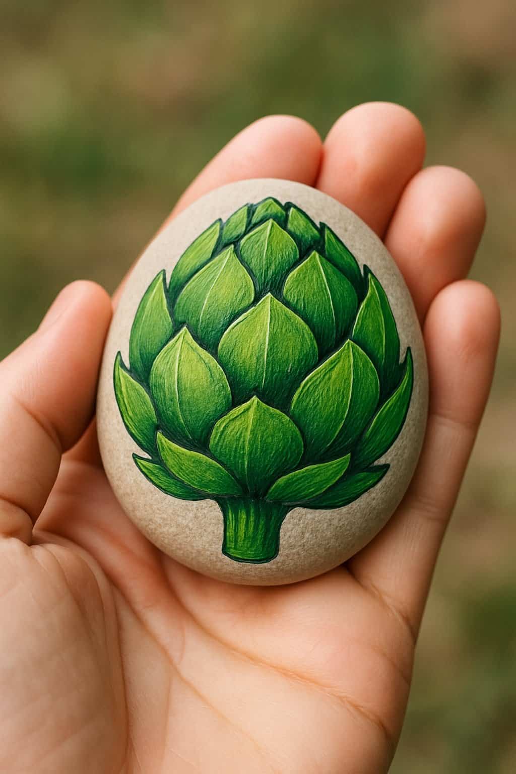 A hand holding a smooth river rock painted with green layered petals resembling an artichoke.