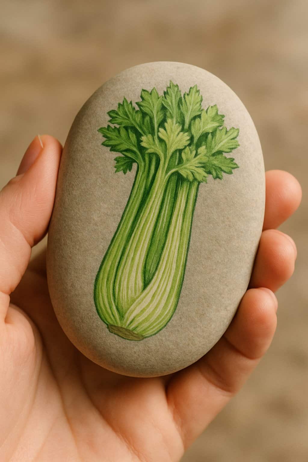 A hand holding a smooth river rock painted with a light green celery design.