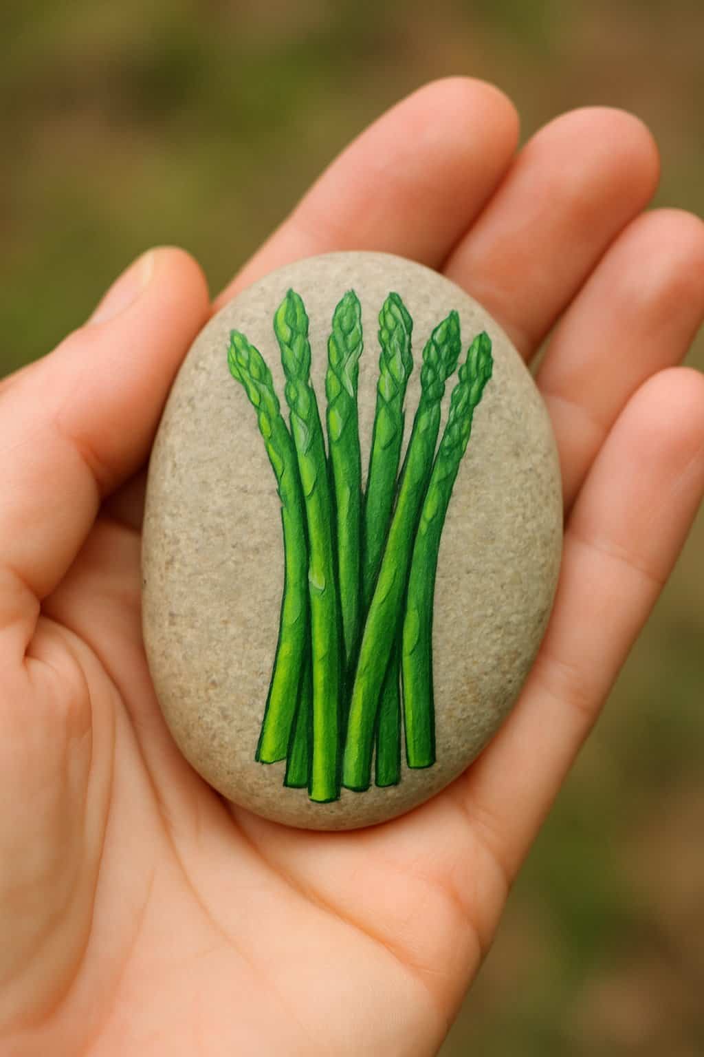 A hand holding a smooth river rock painted with thin green asparagus stalks.