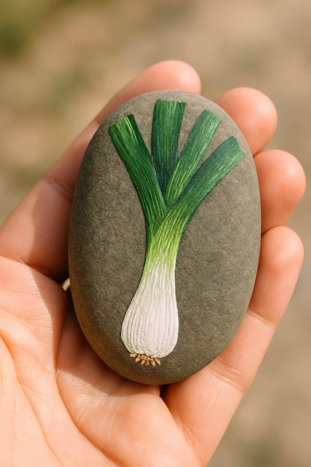 A hand holding a smooth river rock painted with a white and green leek design.