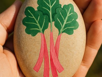 A hand holds a smooth beige stone decorated with a painted illustration of three rhubarb stalks featuring red stems and green leaves.