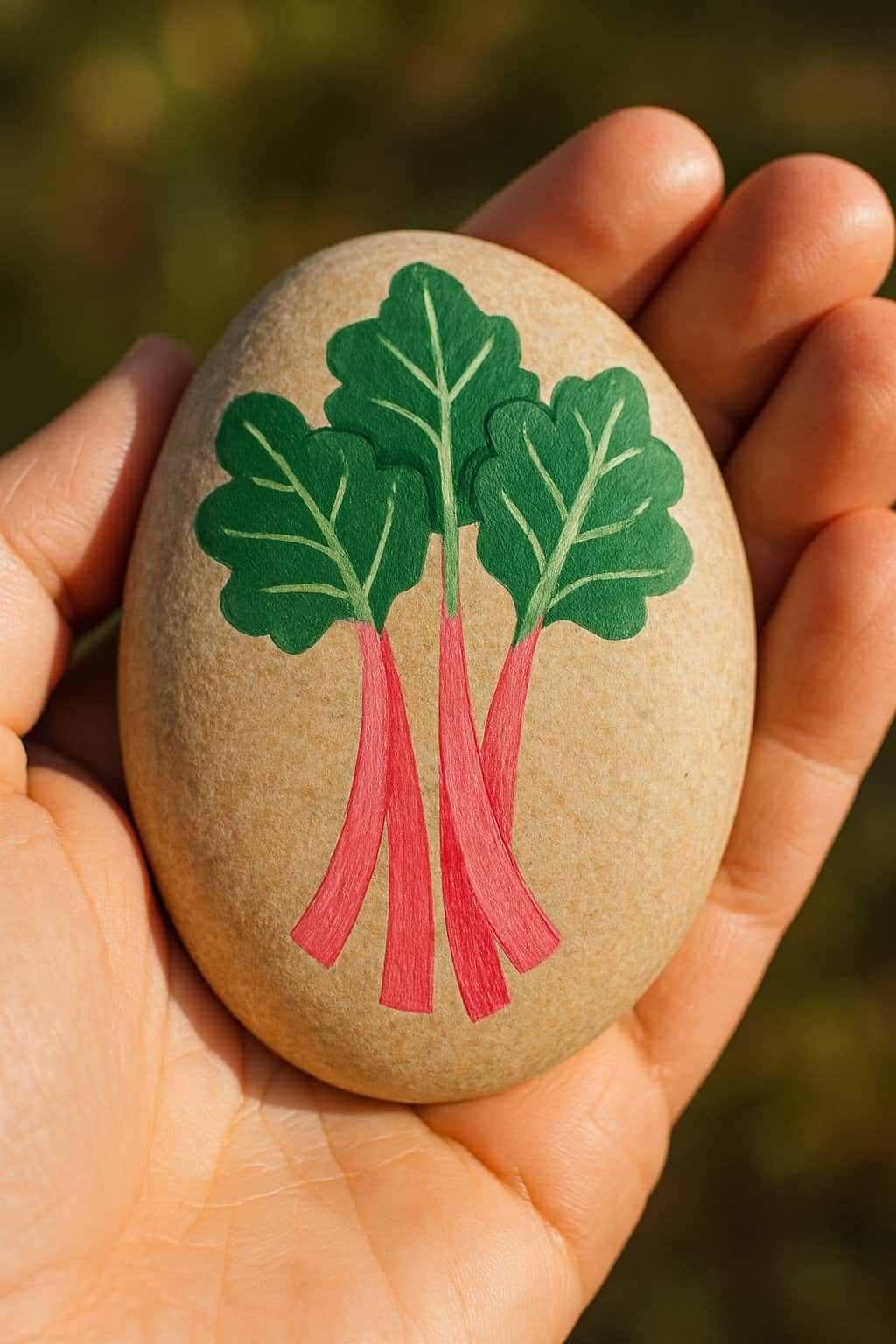 A hand holding a smooth river rock painted with pink and green rhubarb design.