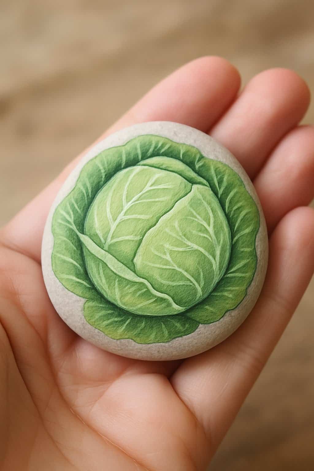 A hand holding a smooth river rock painted with layered pale green cabbage leaves.