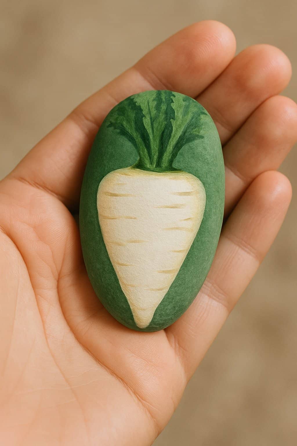 A hand holding a smooth river rock painted white with a green top to look like a parsnip.