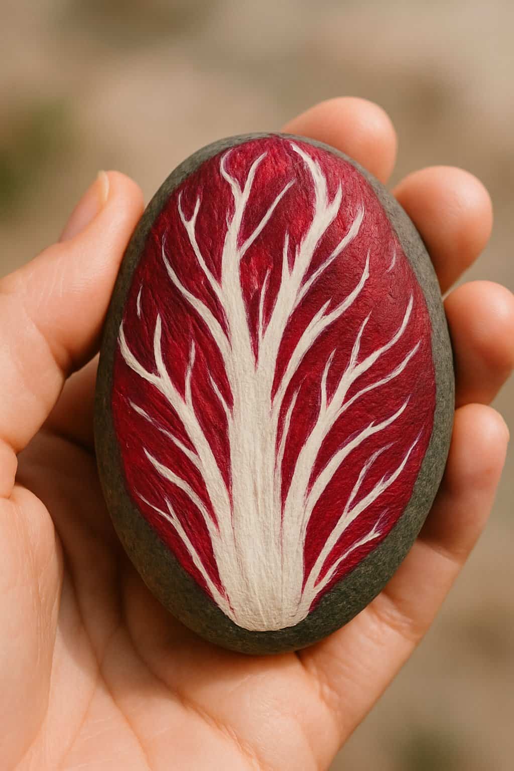 A hand holding a smooth river rock painted with red and white streaks.