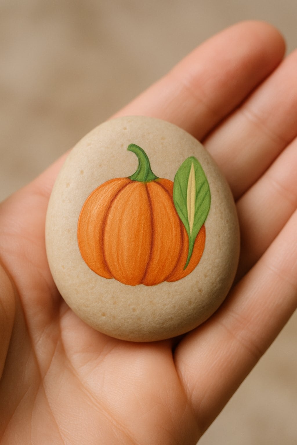 A hand holding a small smooth beige rock painted with a simple pumpkin seed design.