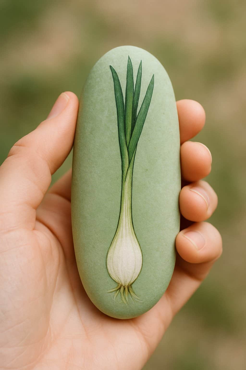 A hand holding a smooth river rock painted to look like a light green scallion.
