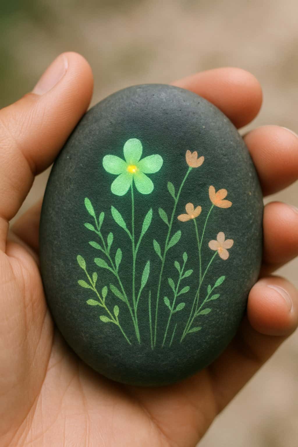 A hand holding a smooth river rock painted with a flower garden design.