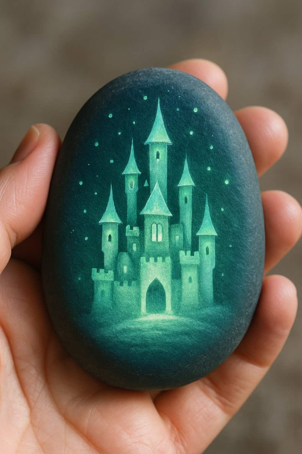 A hand holding a smooth painted rock with a simple fairy tale castle design.