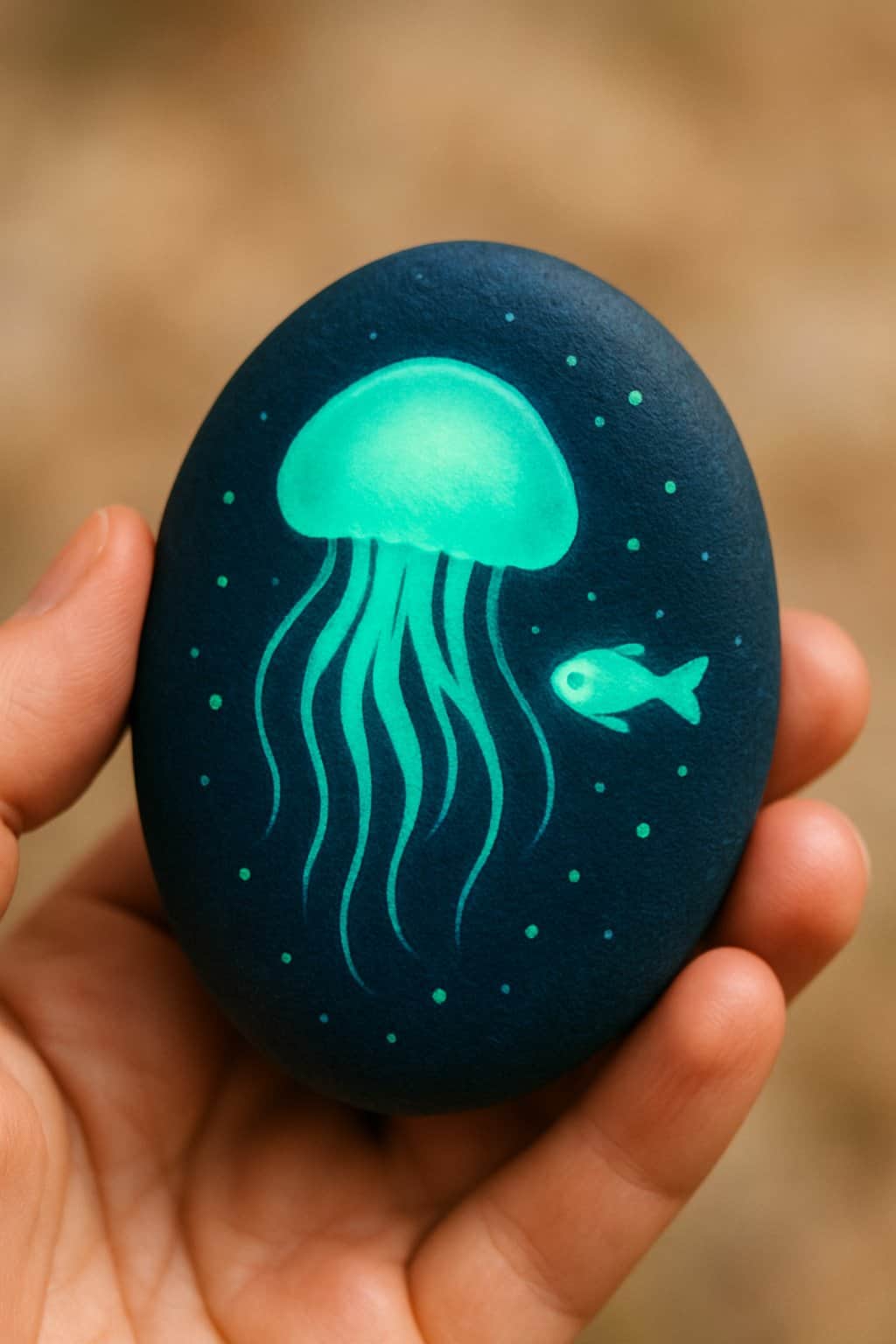 A hand holding a smooth painted river rock with a simple ocean creature design.