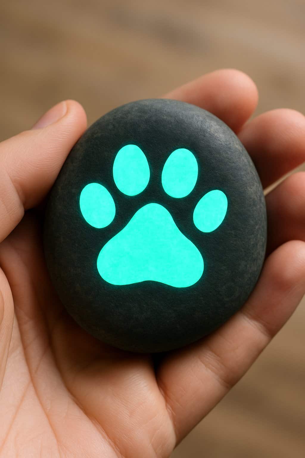 A hand holding a smooth river rock painted with a glowing animal paw print design.