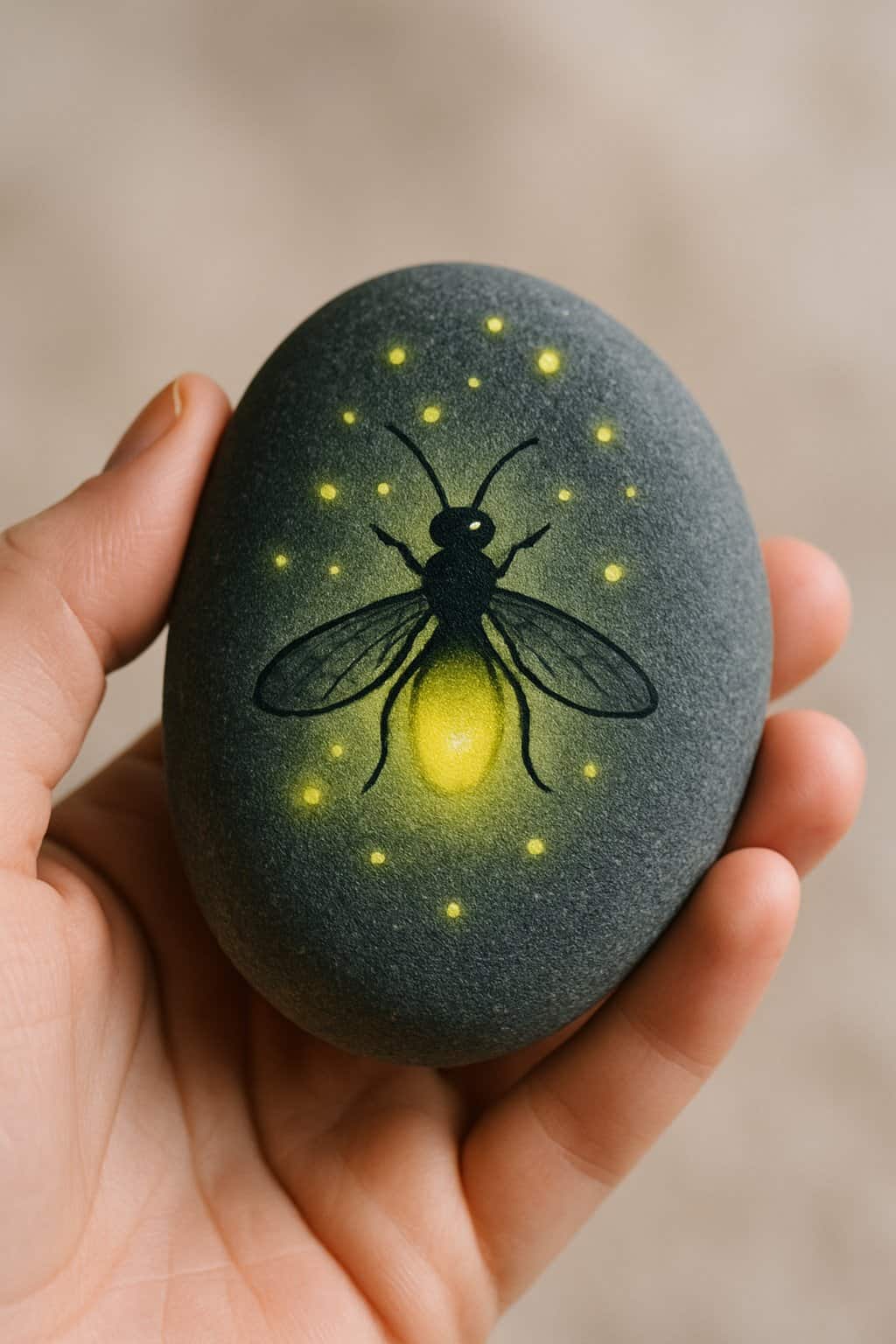 A hand holding a smooth river rock painted with a simple firefly-inspired design.