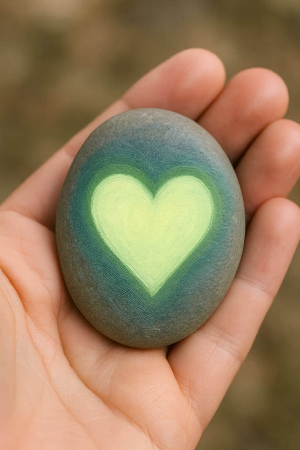 A hand holding a smooth river rock painted with a heart design.
