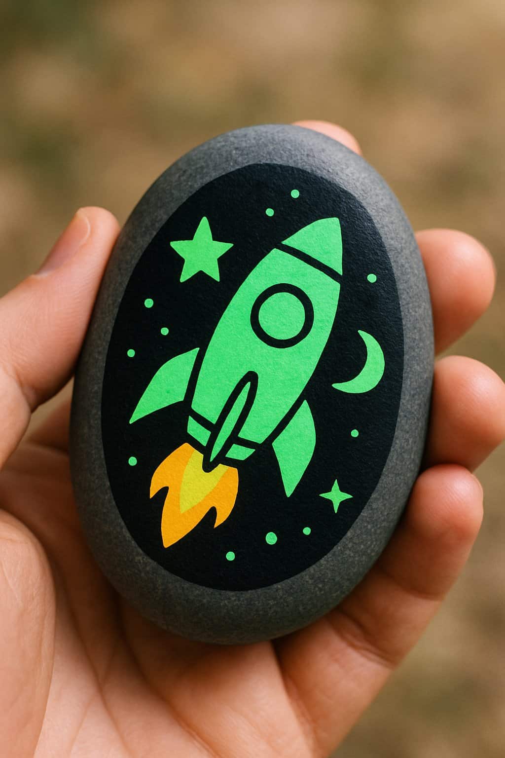A hand holding a smooth river rock painted with a simple space rocket design.