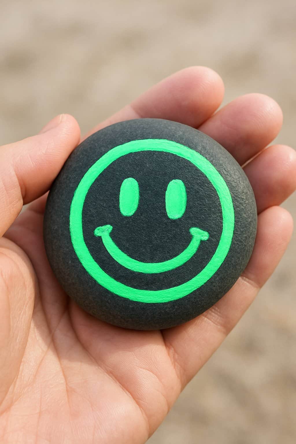 A hand holding a smooth river rock painted with a simple emoji design.