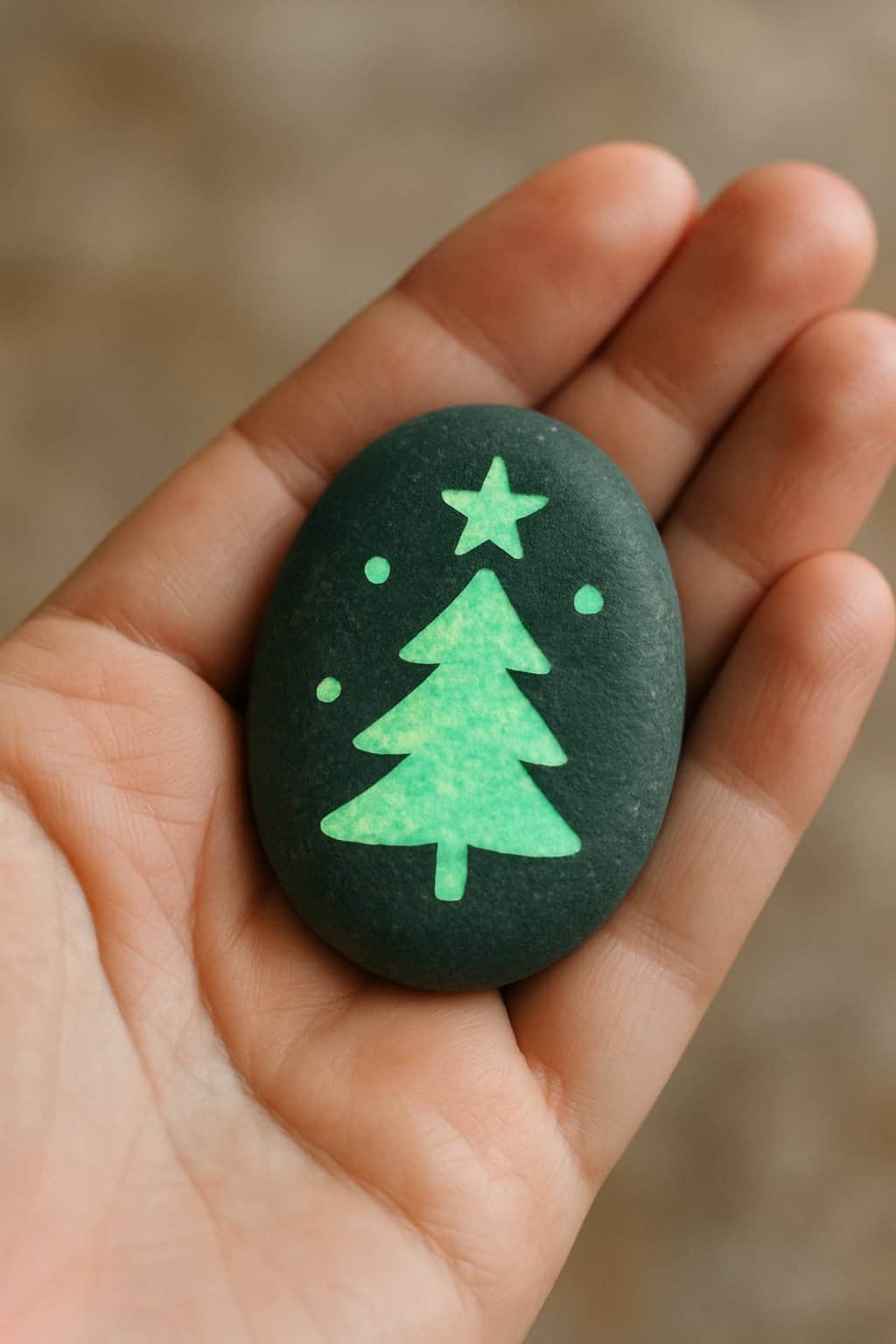 A hand holding a small painted river rock with a simple Christmas design.