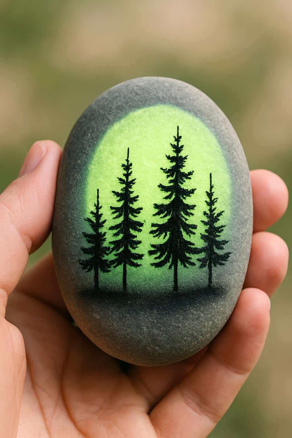 A hand holding a smooth river rock painted with tree silhouettes.
