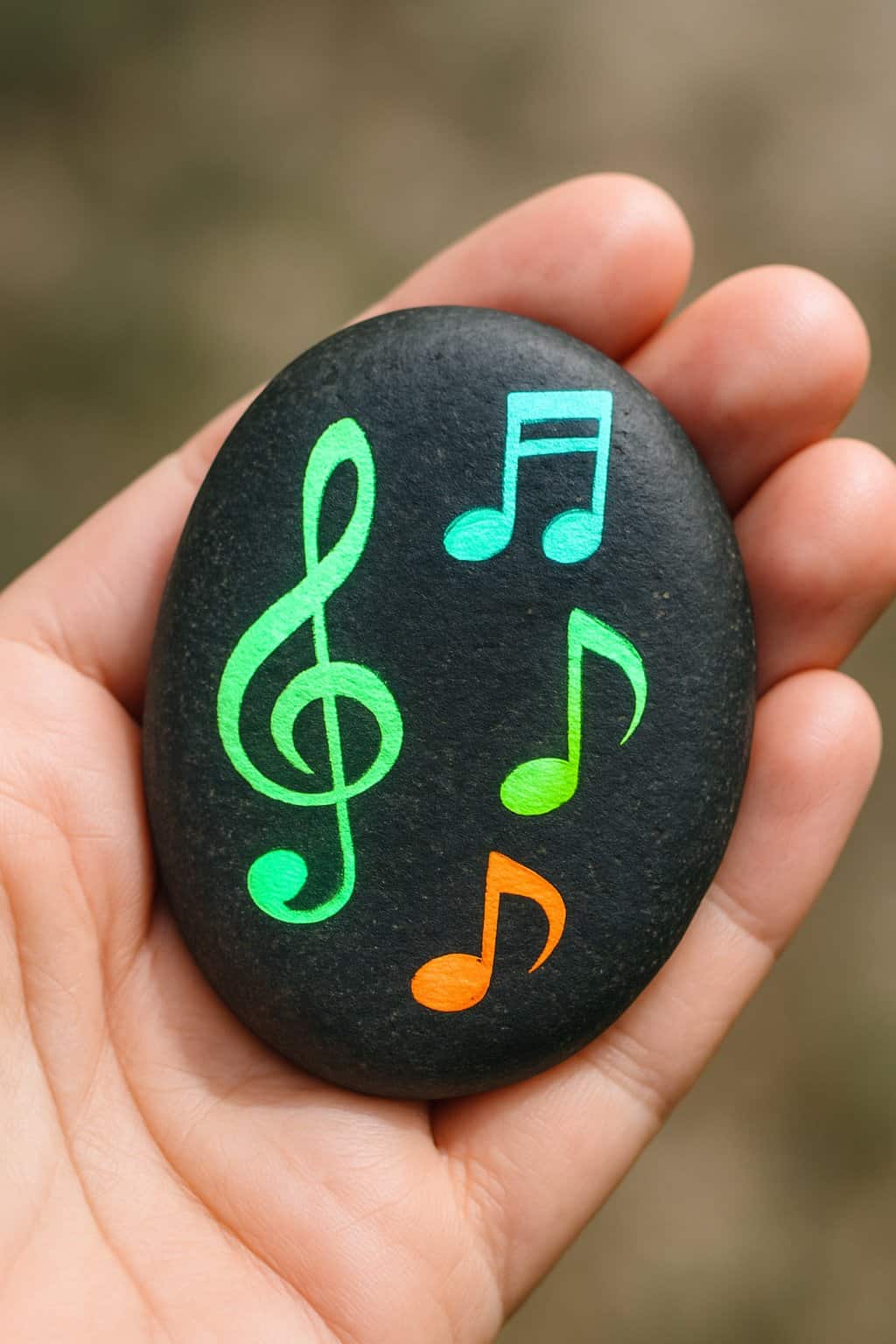 A hand holding a smooth river rock painted with glow-in-the-dark music notes.