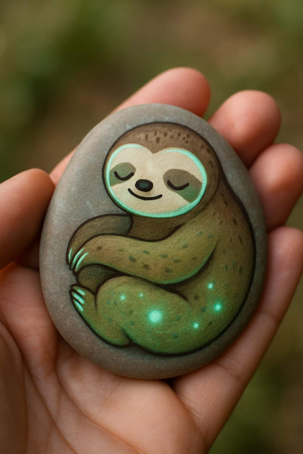 A hand holding a smooth river rock painted with a cute sloth design.