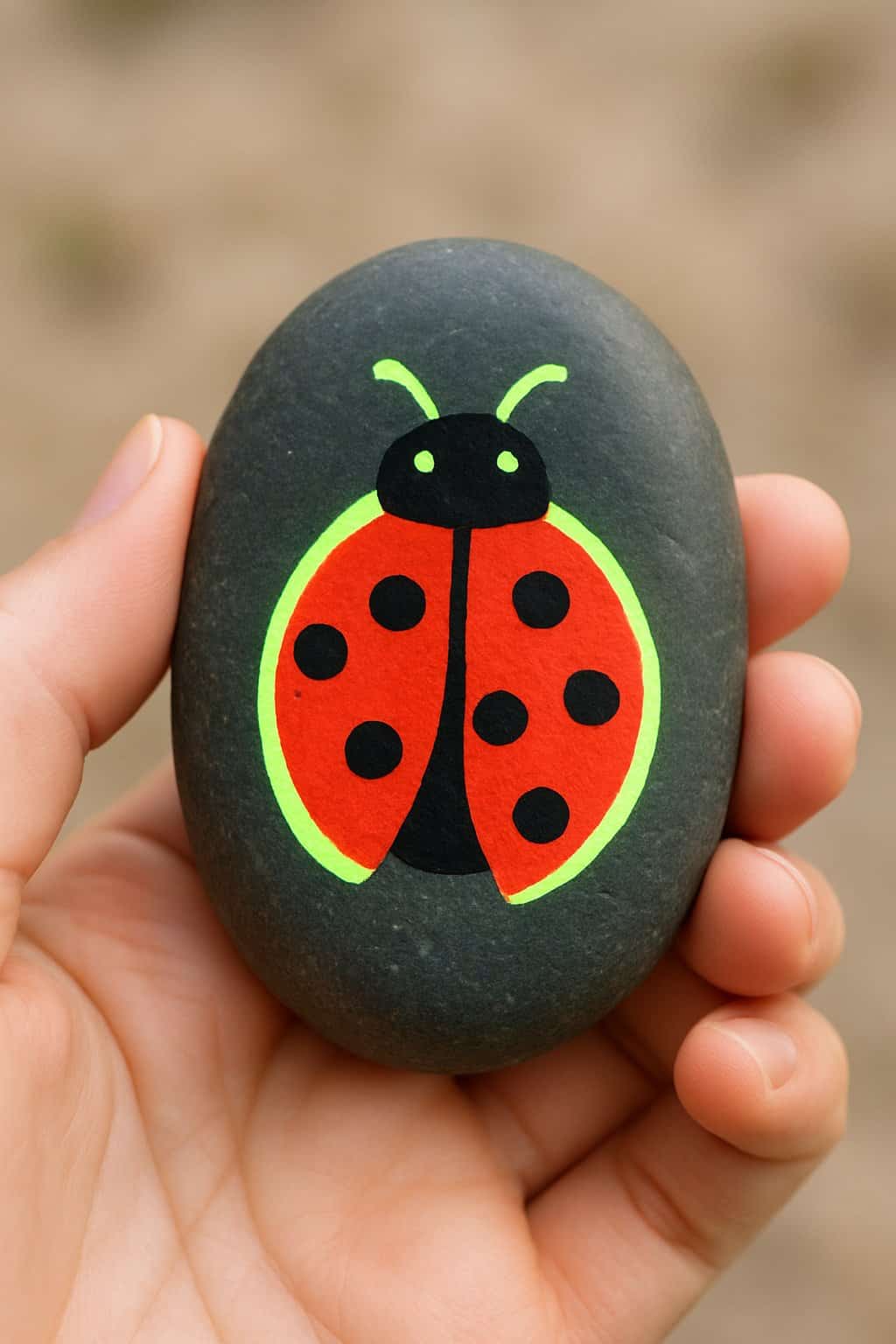 A hand holding a smooth river rock painted with a ladybug design.