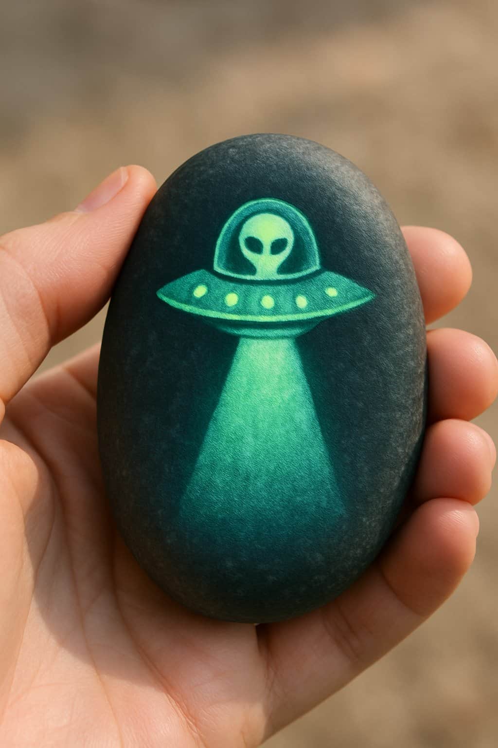 A hand holding a smooth river rock painted with a glow-in-the-dark alien UFO design.