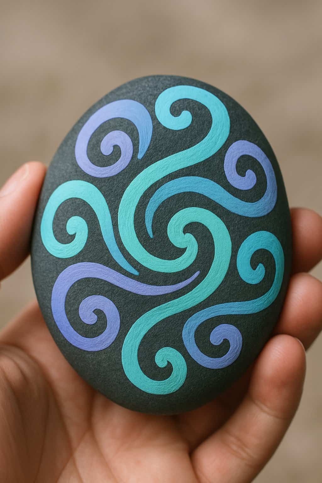 A hand holding a smooth river rock painted with abstract swirls.