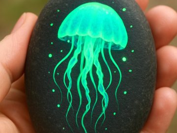 A hand holds a smooth, black oval stone featuring a glowing, neon green jellyfish painted on its surface, with delicate tentacles and small luminous dots surrounding it.