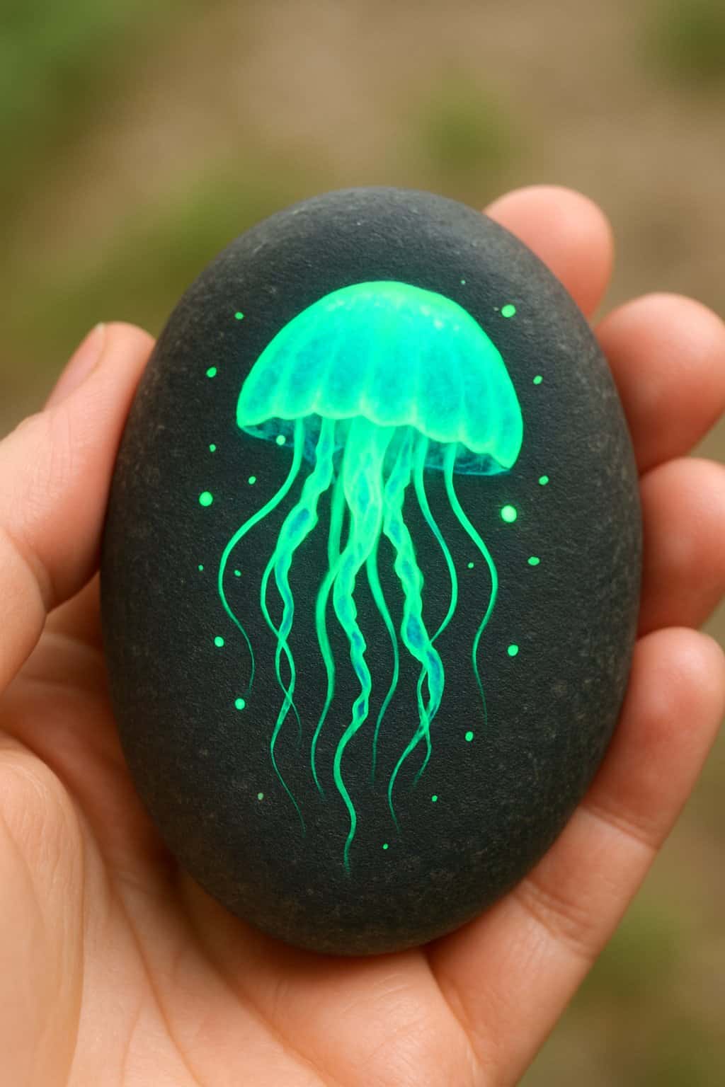 A hand holding a smooth river rock painted with a jellyfish design.