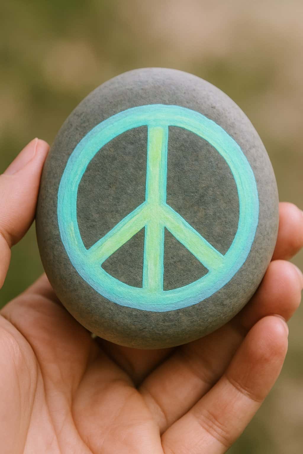 A hand holding a smooth river rock painted with a peace sign design.