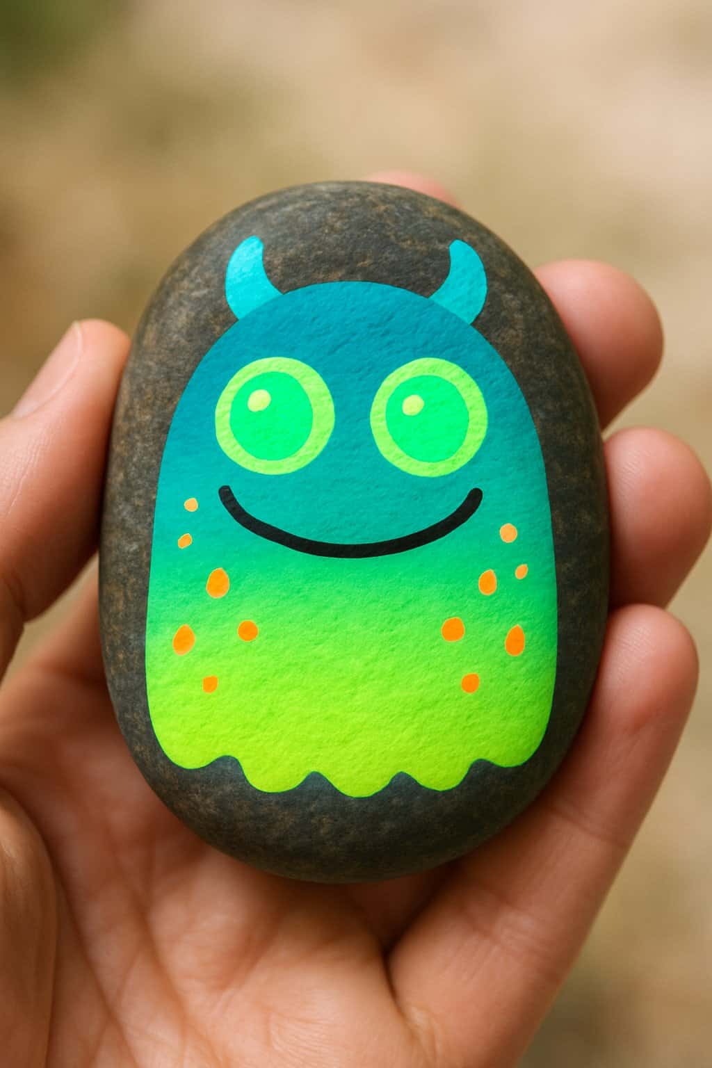 A hand holding a smooth river rock painted with a simple monster face design.