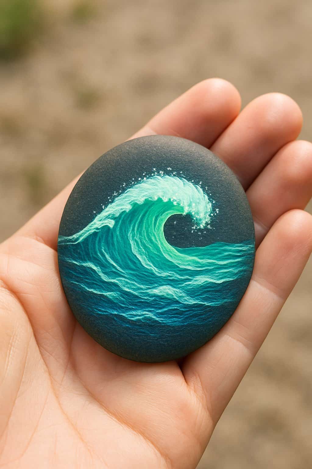 A hand holding a smooth river rock painted with a simple ocean wave design.