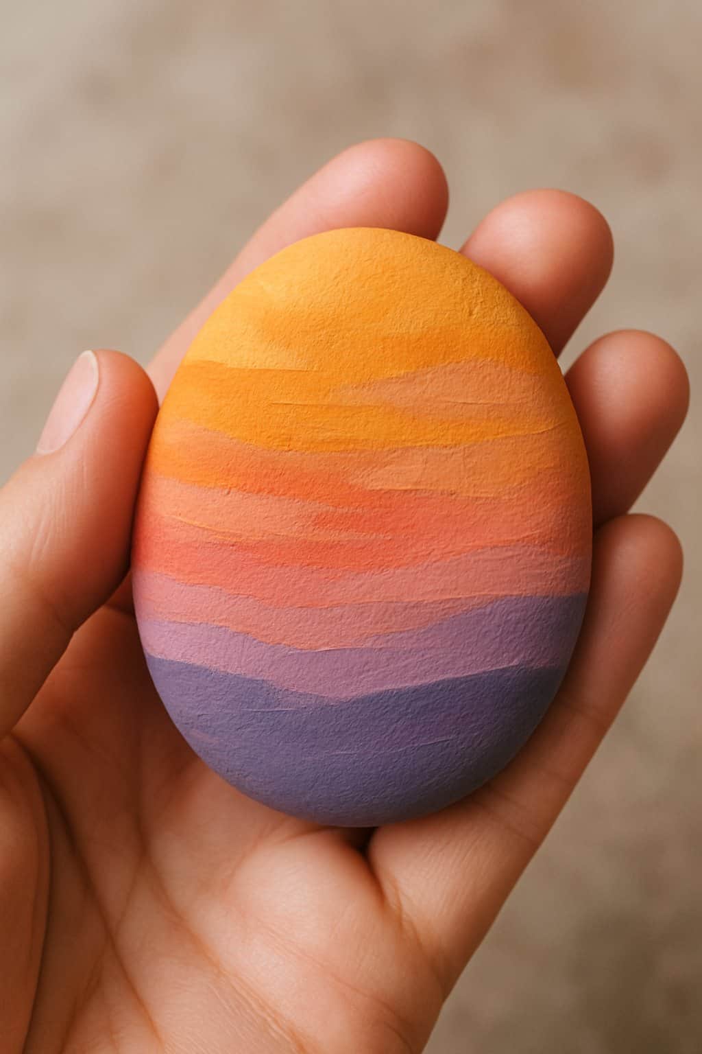 A hand holding a smooth river rock painted with warm sunset colors.
