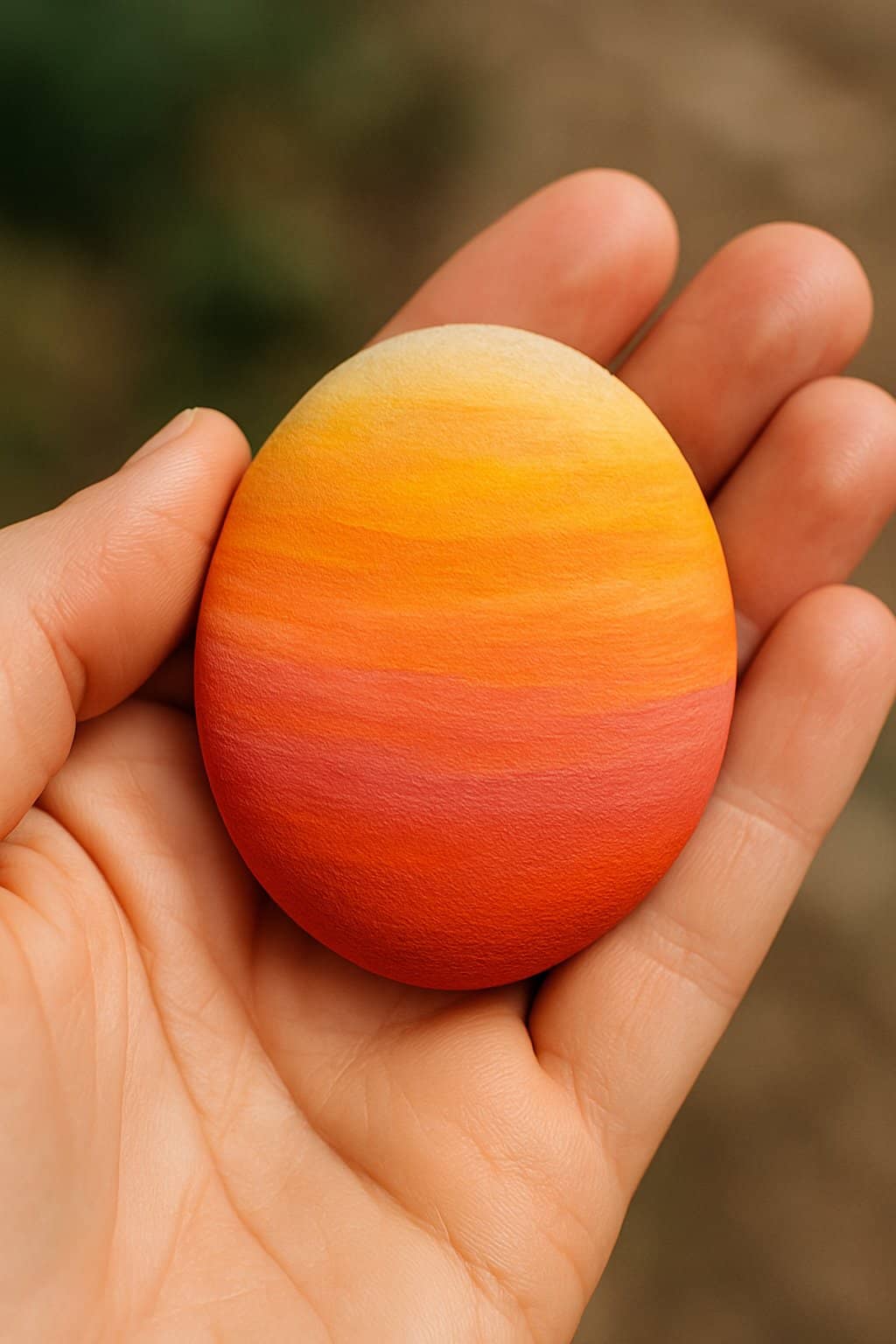 A hand holding a smooth river rock painted with a warm sunset gradient.