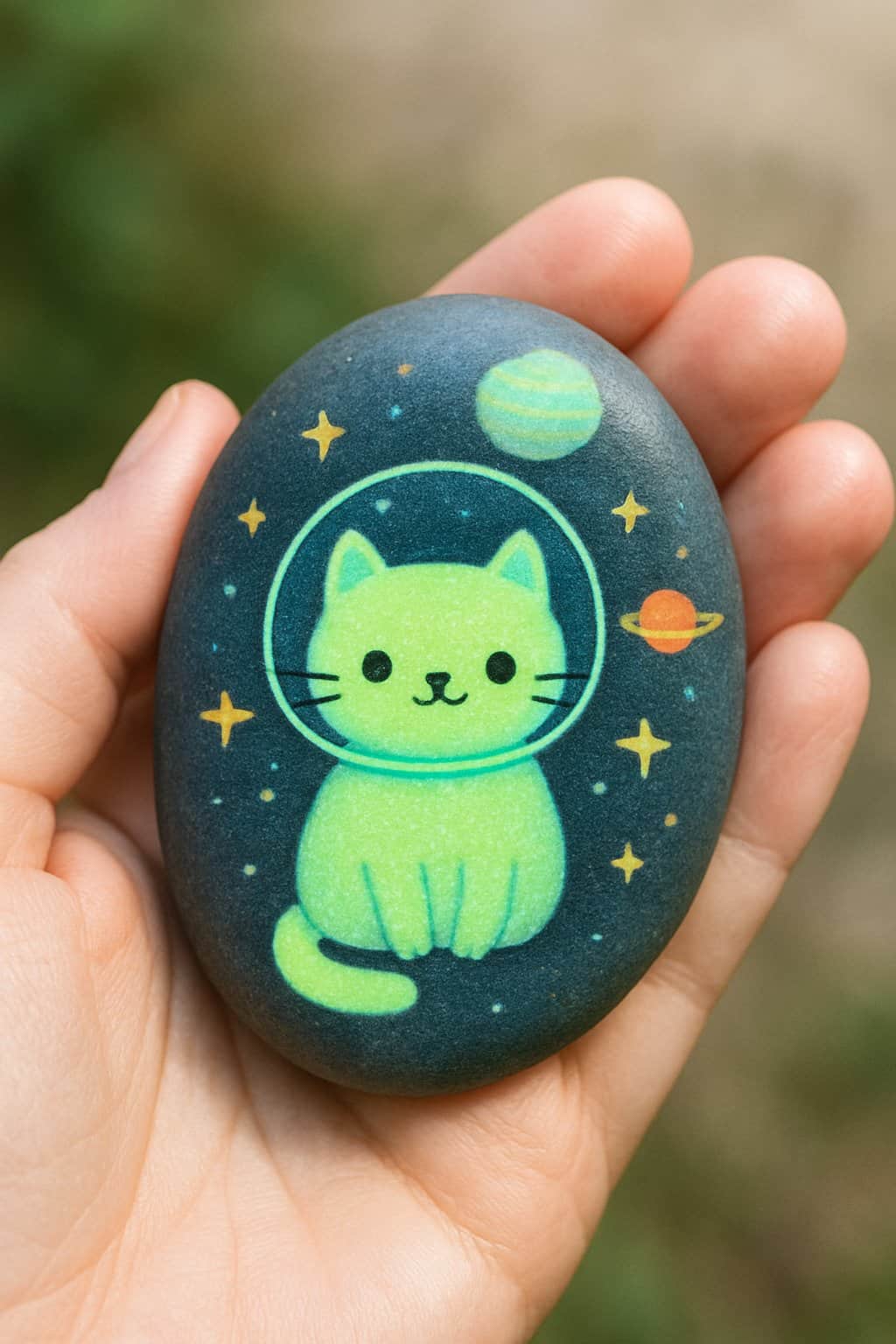 A hand holding a smooth river rock painted with a cute space cat and stars.