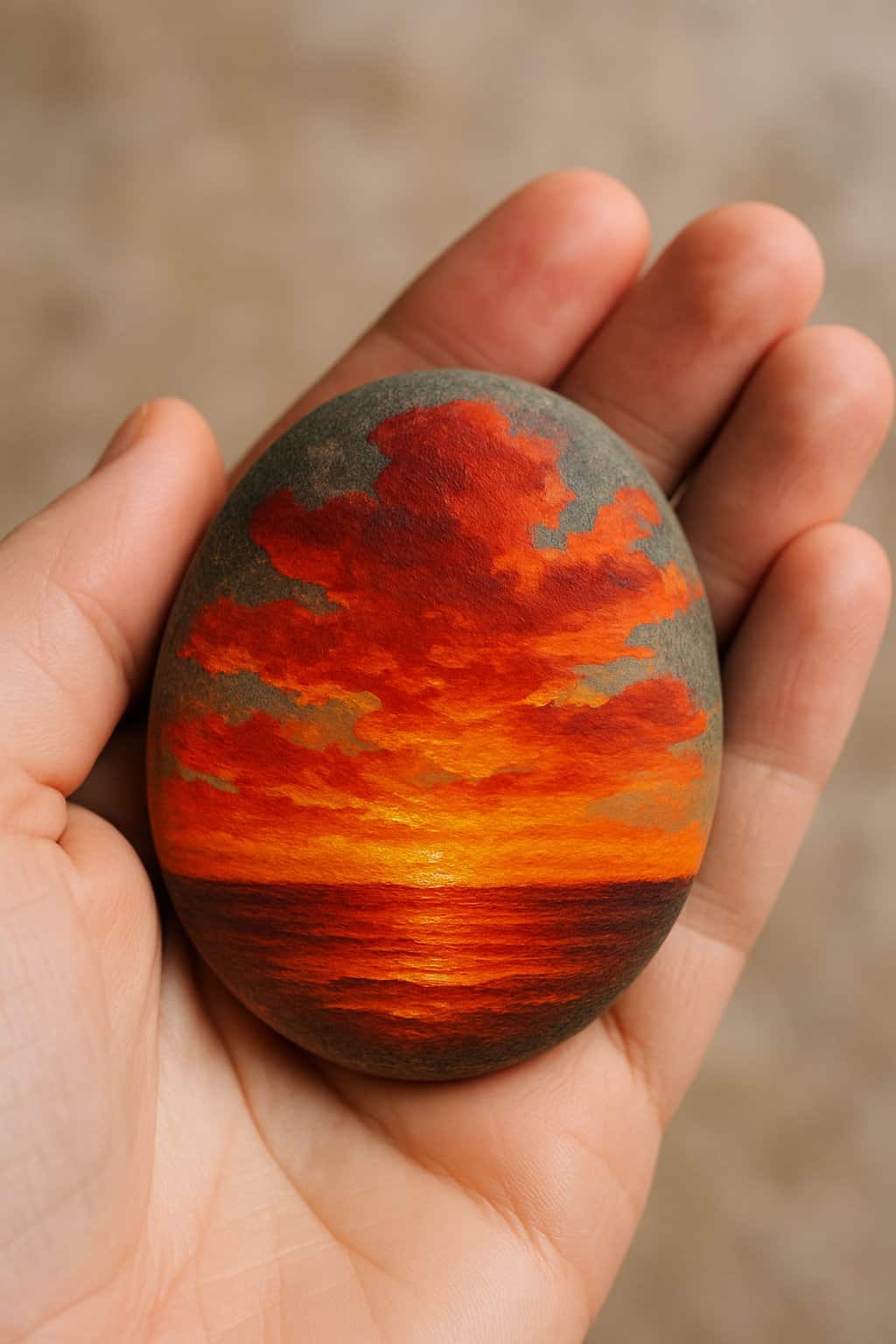 A hand holding a smooth river rock painted with a sunset design featuring red and orange clouds.
