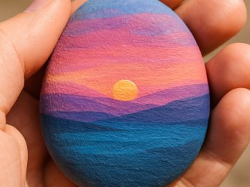 A hand holds a smooth stone painted with a vibrant sunset over layered mountains in shades of blue, purple, pink, and orange, with a yellow sun near the horizon.