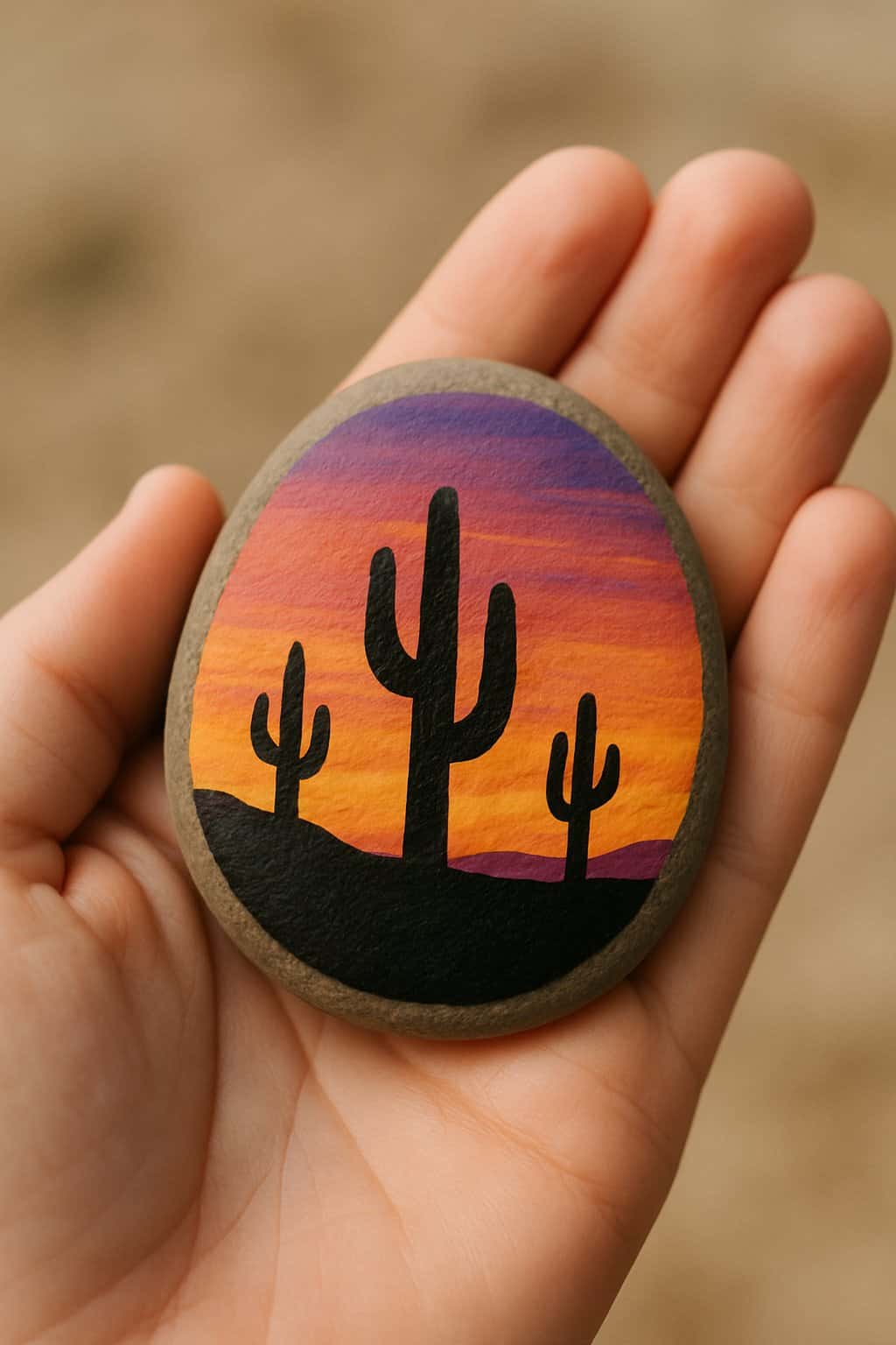 A hand holding a smooth river rock painted with a desert sunset and cactus silhouettes.