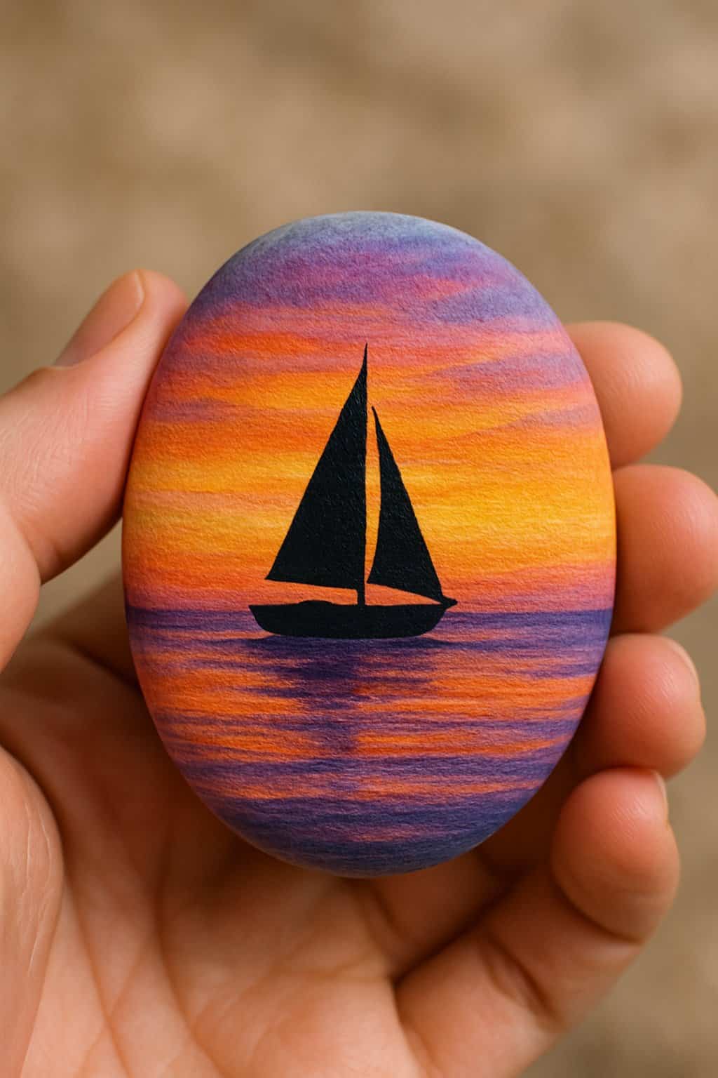 A hand holding a smooth river rock painted with a sunset and sailboat silhouette design.