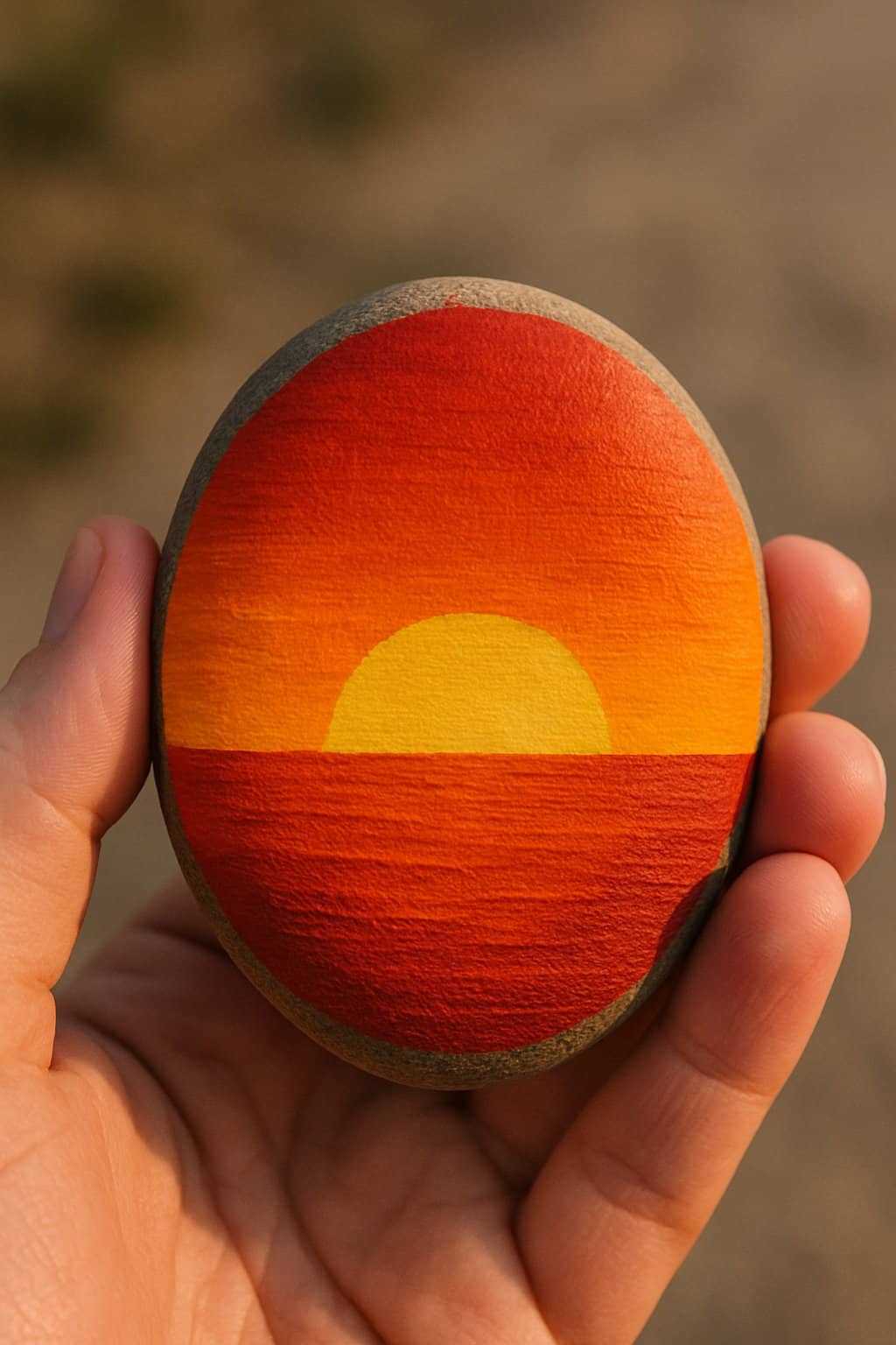 A hand holding a smooth river rock painted with a sunset gradient in shades of orange.