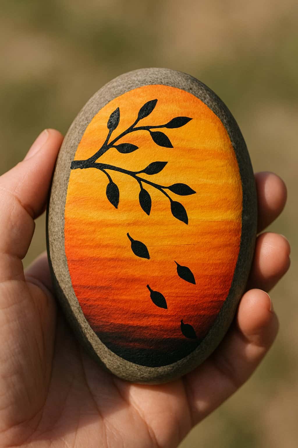 A hand holding a smooth river rock painted with a sunset and falling leaves design.
